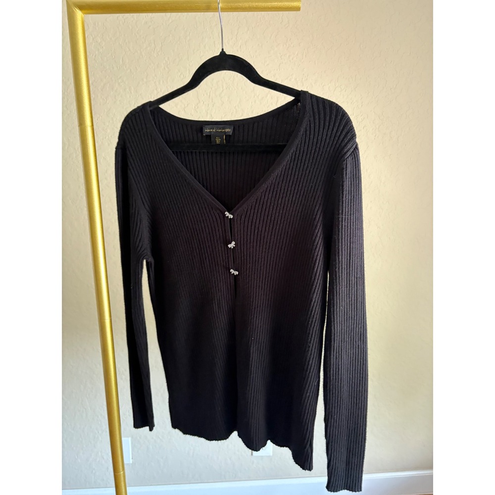 House of Harlow 1960 Black Sweater Ribbed Bow Accent L Coquette Minamalist